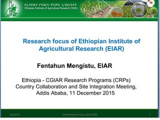 Research focus of Ethiopian Institute of
Agricultural Research (EIAR)
Fentahun Mengistu, EIAR
12/14/15 EIAR Research Focus 2015-2020 1
Ethiopia - CGIAR Research Programs (CRPs)
Country Collaboration and Site Integration Meeting,
Addis Ababa, 11 December 2015
 