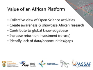 Value of an African Platform
• Collective view of Open Science activities
• Create awareness & showcase African research
• Contribute to global knowledgebase
• Increase return on investment (re-use)
• Identify lack of data/opportunities/gaps
 