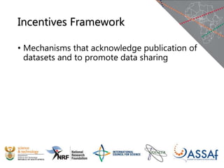 Incentives Framework
• Mechanisms that acknowledge publication of
datasets and to promote data sharing
 