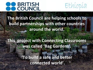 The British Council are helping schools to
 build partnerships with other countries
            around the world.

This project with Connecting Classrooms
       was called ‘Bag Gardens’.

       ‘To build a safe and better
            connected world’.
 