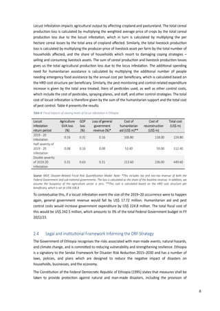 17
Locust infestation impacts agricultural output by affecting cropland and pastureland. The total cereal
production loss is calculated by multiplying the weighted average price of crops by the total cereal
produc�on loss due to the locust infesta�on, which in turn is calculated by mul�plying the per
hectare cereal losses by the total area of cropland aﬀected. Similarly, the total livestock produc�on
loss is calculated by mul�plying the producer price of livestock asset per farm by the total number of
households aﬀected, and the share of households which resort to damaging coping strategies –
selling and consuming livestock assets. The sum of cereal produc�on and livestock produc�on losses
gives us the total agricultural produc�on loss due to the locus infesta�on. The addi�onal spending
need for humanitarian assistance is calculated by mul�plying the addi�onal number of people
needing emergency food assistance by the annual cost per beneﬁciary, which is calculated based on
the HRD cost structure per beneﬁciary. Similarly, the pest monitoring and control-related expenditure
increase is given by the total area treated, liters of pes�cides used, as well as other control costs,
which include the cost of pes�cides, spraying planes, and staﬀ, and other control strategies. The total
cost of locust infesta�on is therefore given by the sum of the humanitarian support and the total cost
of pest control. Table 4 presents the results.
Table 4: �iscal impacts of varying levels of locust infesta�on in �thiopia
Locust
infestation
return period
Agriculture
GVA loss
(%)
GDP
loss
(%)
Loss of general
government
revenue (%)*
Cost of
humanitarian
aid (US$ m)**
Cost of
reconstruction
(US$ m)
Total cost
(US$ m)
2019 - 20
infestation
0.16 0.31 0.16 106.80 118.00 224.80
Half severity of
2019 - 20
infestation
0.08 0.16 0.08 53.40 59.00 112.40
Double severity
of 2019-20
infestation
0.31 0.63 0.31 213.60 236.00 449.60
Source: ���, Disaster-Related �iscal Ris� �uan�ﬁca�on �odel. �ote: *This includes tax and non-tax revenue of both the
�ederal �overnment and sub-na�onal governments. The loss is calculated as the share of the baseline revenue. �n addi�on, we
assume the buoyancy of the agriculture sector is zero. **This cost is calculated based on the HRD cost structure per
beneﬁciary, which is set at US% 106.8.
To contextualise this, if a locust infesta�on event the size of the 2019–20 occurrence were to happen
again, general government revenue would fall by US$ 17.72 million. Humanitarian aid and pest
control costs would increase government expenditure by US$ 224.8 million. The total ﬁscal cost of
this would be US$ 242.5 million, which amounts to 3% of the total Federal Government budget in FY
2022/23.
2.4 Legal and Ins�tu�onal Frame�ork Informing the DRF Strategy
The Government of Ethiopia recognises the risks associated with man-made events, natural hazards,
and climate change, and is commi�ed to reducing vulnerability and strengthening resilience. Ethiopia
is a signatory to the Sendai Framework for Disaster Risk Reduc�on 2015–2030 and has a number of
laws, policies, and plans which are designed to reduce the nega�ve impact of disasters on
households, businesses, and the economy.
The �ons�tu�on of the Federal Democra�c Republic of Ethiopia �1995) states that measures shall be
taken to provide protec�on against natural and man-made disasters, including the provision of
8
 
