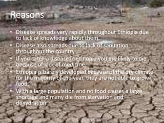 Reasons
• Disease spreads very rapidly throughout Ethiopia due
  to lack of knowledge about them.
• Disease also spreads due to lack of sanitation
  throughout the country
• If you catch a disease in Ethiopia you are likely to die
  because of lack of medicine.
• Ethiopia is barely developed because of the dry climate
  for the majority of the year, they are not able to grow
  food.
• With a large population and no food causes a large
  shortage and many die from starvation and
  dehydration.
 
