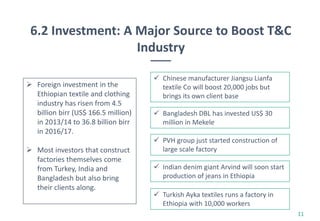 6.2 Investment: A Major Source to Boost T&C
Industry
11
 Foreign investment in the
Ethiopian textile and clothing
industry has risen from 4.5
billion birr (US$ 166.5 million)
in 2013/14 to 36.8 billion birr
in 2016/17.
 Most investors that construct
factories themselves come
from Turkey, India and
Bangladesh but also bring
their clients along.
 Chinese manufacturer Jiangsu Lianfa
textile Co will boost 20,000 jobs but
brings its own client base
 Bangladesh DBL has invested US$ 30
million in Mekele
 PVH group just started construction of
large scale factory
 Indian denim giant Arvind will soon start
production of jeans in Ethiopia
 Turkish Ayka textiles runs a factory in
Ethiopia with 10,000 workers
 
