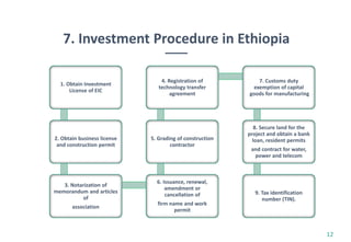 7. Investment Procedure in Ethiopia
12
1. Obtain Investment
License of EIC
2. Obtain business license
and construction permit
3. Notarization of
memorandum and articles
of
association
6. Issuance, renewal,
amendment or
cancellation of
firm name and work
permit
5. Grading of construction
contractor
4. Registration of
technology transfer
agreement
7. Customs duty
exemption of capital
goods for manufacturing
8. Secure land for the
project and obtain a bank
loan, resident permits
and contract for water,
power and telecom
9. Tax identification
number (TIN).
 