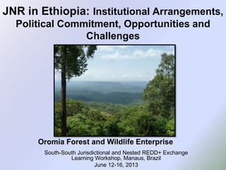 JNR in Ethiopia: Institutional Arrangements,
Political Commitment, Opportunities and
Challenges
South-South Jurisdictional and Nested REDD+ Exchange
Learning Workshop, Manaus, Brazil
June 12-16, 2013
Oromia Forest and Wildlife Enterprise
 