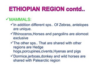 MAMMALS:
In addition different sps.. Of Zebras, antelopes
are unique.
Rhinoceros,Horses and pangolins are alomost
exclusive
The other sps.. That are shared with other
regions are Hedge
hogs,porcupines,civents,Hyenas and pigs
Dormice,jerboas,donkey and wild horses are
shared with Palearctic region
 