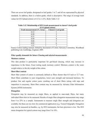There are seven leaf grades, designated as leaf grades 1 to 7, and all are represented by physical
standards. In addition, there is a below-grade, which is descriptive. The range of average trash
values for US Upland cottons is 0.12 to 1.21%. Refer Table 3.12


         Table 3.12 Relationship of HVI trash measurement to classer’s leaf grade
                                    (US Upland cotton)
            Trash measurement (% Area)          Classers Leaf grade
                         0.12                             1
                         0.20                             2
                         0.33                             3
                         0.50                             4
                         0.68                             5
                         0.92                             6
                         1.21                             7
Source Cotton trading manual, Edited by Secretariat of Cotton Advisory Committee, Woodhead
publishing Ltd, Cambridge, England, 2005.

Fiber quality demands for future Classing and selected measurements
Moisture content
This data product is particularly important for gin-based classing, which may increase in
importance in the future. Exact testing needs moisture control. Moisture content is the water
weight relative to the dry weight of the cotton.
Short fiber content
Short fiber content of cotton is commonly defined as fibers shorter than 0.5 inch or 12.7 mm.
Short fibers contribute to yarn irregularities, lower yarn strength and increased hairiness. To
produce fine and regular cotton yarns, combing out of short fibers (along with neps and
impurities) is necessary. Short fiber content may be measured by Advance Fiber Information
System (AFIS) instruments.
Elongation
Elongation may be measured on single fibers, as applied to man-made fibers, but many
individual fibers have to be measured. Results of single fiber elongation measurement may range
from 4 to 25% in a sample. Instruments to measure single fiber strength and elongation are
available, but these are too slow for commercial application (e.g. Textest Fafegraph). Elongation
may also be measured on bundles, e.g. by HVI instruments, but here precision is low. The HVI
mean elongation for typical cottons may range from 5 to 10%.

                                                                                               93 
 
 