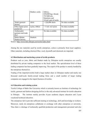 blanket, socks   fabrics,
                                               850,000 kgs. thread,
                                               767,000 mts.
                                               blanckets and
                                               10 mil. pair of socks
    Akaki garment        shirts                > 220,000 shirts        No data available
    factory
    Ethio-Japan nylon nylon, ribbon           > 5 mil. m2 nylon        No data available
    textile S.C
    Ambassador           suits                No data available        No data available
    garment and trade
    PLC
    Debre Birhan         blankets
    blanket factory
Source: http://www.bds-ethiopia.net/textile/index.html


Among the raw materials used by textile enterprises, cotton is primarily from local suppliers.
Other materials, including chemical fiber, wool, dyestuffs and chemicals are imported.


4.3 Distribution and marketing system of textile products
Products such as yarn, fabric and blanket made by Ethiopian textile enterprises are usually
distributed by private trading companies to the local market. The specialization level of these
trading companies has been gradually improving. The export of the product is mainly handled by
the enterprises themselves.
Trading of the imported textiles hold a large market share in Ethiopian market and nearly one
thousand small-scale family-owned trading firms and a small number of larger trading
companies are engaged in the import business of textiles.


4.4 Education and training system
Textile College of Bahir Dar University which is currently known as Institute of technology for
textile, garment and fashion designing (IoTex) is the only advanced institute for textile education
in Ethiopia.    The institute mainly provides 4-year academic degree education and 3-year
vocational technical education.
The enterprises fail to provide sufficient training in technology, skill and knowledge to workers.
Moreover, rarely do enterprises collaborate or exchange with other enterprises or university.
Thus there is shortage of technically qualified production and management personnel and also
                                                                                               107 
 
 