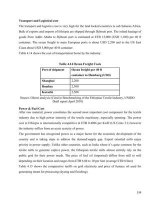 Transport and Logistical cost
The transport and logistics cost is very high for the land locked countries in sub Saharan Africa.
Bulk of exports and imports of Ethiopia are shipped through Djibouti port. The inland haulage of
goods from Addis Ababa to Djibouti port is estimated at ETB 15,000 (USD 1,100) per 40 ft
container. The ocean freight to main European ports is about USD 2,200 and to the US East
Coast about USD 3,000 per 40 ft container.
Table 4.14 shows the cost of transportation borne by the industry:


                                 Table 4.14 Ocean Freight Costs
                    Port of shipment       Ocean freight per 40 ft
                                           container to Hamburg (USD)
                    Shanghai               2,200
                    Bombay                 2,500
                    Karachi                2,500
    Source: Gherzi analysis (Cited in Benchmarking of the Ethiopian Textile Industry, UNIDO
                             Draft report April 2010)

Power & Fuel Cost
After raw material, power constitutes the second most important cost component for the textile
industry due to high power intensity of the textile machinery, especially spinning. The power
cost in Ethiopia is internationally competitive at ETB 0.4086 per KwH (US Cents 3.1) however
the industry suffers from an acute scarcity of power.
The government has recognized power as a major factor for the economic development of the
country and is taking steps to address the demand/supply gap. Export oriented mills enjoy
priority in power supply. Unlike other countries, such as India where it’s quite common for the
textile mills to generate captive power, the Ethiopian textile mills almost entirely rely on the
public grid for their power needs. The price of fuel oil (imported) differs from mill to mill
depending on their location and ranges from ETB 6.88 to 10 per liter (average ETB 8/liter)
Table 4.15 shows the comparative tariffs on grid electricity and price of furnace oil used for
generating steam for processing (dyeing and finishing).




                                                                                              139 
 
 