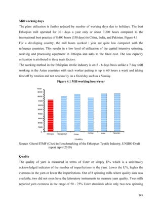 Mill working days
The plant utilization is further reduced by number of working days due to holidays. The best
Ethiopian mill operated for 301 days a year only or about 7,200 hours compared to the
international best practice of 8,400 hours (350 days) in China, India, and Pakistan. Figure 4.1
For a developing country, the mill hours worked / year are quite low compared with the
reference countries. This results in a low level of utilization of the capital intensive spinning,
weaving and processing equipment in Ethiopia and adds to the fixed cost. The low capacity
utilization is attributed to three main factors:
The working method in the Ethiopian textile industry is on 5 - 6 days basis unlike a 7 day shift
working in the Asian countries with each worker putting in up to 60 hours a week and taking
time off by rotation and not necessarily on a fixed day such as a Sunday.
                                Figure 4.1 Mill working hours/year




Source Gherzi/ITMF (Cited in Benchmarking of the Ethiopian Textile Industry, UNIDO Draft
                    report April 2010)

Quality
The quality of yarn is measured in terms of Uster or simply U% which is a universally
acknowledged indicator of the number of imperfections in the yarn. Lower the U%, higher the
evenness in the yarn or lower the imperfections. Out of 8 spinning mills where quality data was
available, two did not even have the laboratory instruments to measure yarn quality. Two mills
reported yarn evenness in the range of 50 - 75% Uster standards while only two new spinning


                                                                                                  145 
 
 