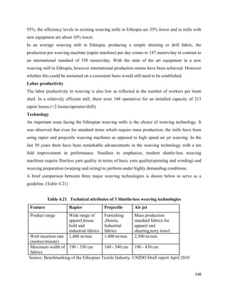 93%, the efficiency levels in existing weaving mills in Ethiopia are 35% lower and in mills with
new equipment are about 10% lower.
In an average weaving mill in Ethiopia, producing a simple sheeting or drill fabric, the
production per weaving machine (rapier machine) per day comes to 147 meters/day in contrast to
an international standard of 350 meters/day. With the state of the art equipment in a new
weaving mill in Ethiopia, however international production norms have been achieved. However
whether this could be sustained on a consistent basis would still need to be established.
Labor productivity
The labor productivity in weaving is also low as reflected in the number of workers per loom
shed. In a relatively efficient mill, there were 348 operatives for an installed capacity of 213
rapier looms (<2 looms/operator/shift).
Technology
An important issue facing the Ethiopian weaving mills is the choice of weaving technology. It
was observed that even for standard items which require mass production; the mills have been
using rapier and projectile weaving machines as opposed to high speed air jet weaving. In the
last 50 years there have been remarkable advancements in the weaving technology with a ten
fold improvement in performance. Needless to emphasize, modern shuttle-less weaving
machines require flawless yarn quality in terms of basic yarn quality(spinning and winding) and
weaving preparation (warping and sizing) to perform under highly demanding conditions.
A brief comparison between three major weaving technologies is shown below to serve as a
guideline. (Table 4.21)


              Table 4.21 Technical attributes of 3 Shuttle-less weaving technologies
    Feature               Rapier               Projectile    Air jet
    Product range         Wide range of        Furnishing    Mass production
                          apparel,house        ,Denim,       standard fabrics for
                          hold and             Industrial    apparel and
                          industrial fabrics   fabrics       sheeting,terry towel
    Weft insertion rate   1,400 m/min          1,400 m/min   2,500 m/min
    (metres/minute)
    Maximum width of 190 - 350 cm          160 - 540 cm 190 - 430 cm
    fabrics
    Source: Benchmarking of the Ethiopian Textile Industry, UNIDO Draft report April 2010


                                                                                            148 
 
 