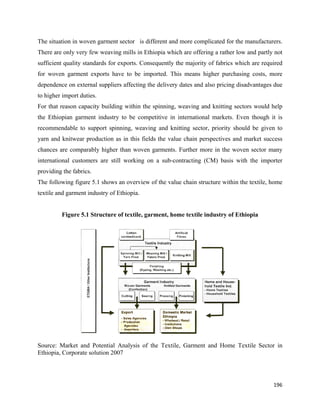 The situation in woven garment sector is different and more complicated for the manufacturers.
There are only very few weaving mills in Ethiopia which are offering a rather low and partly not
sufficient quality standards for exports. Consequently the majority of fabrics which are required
for woven garment exports have to be imported. This means higher purchasing costs, more
dependence on external suppliers affecting the delivery dates and also pricing disadvantages due
to higher import duties.
For that reason capacity building within the spinning, weaving and knitting sectors would help
the Ethiopian garment industry to be competitive in international markets. Even though it is
recommendable to support spinning, weaving and knitting sector, priority should be given to
yarn and knitwear production as in this fields the value chain perspectives and market success
chances are comparably higher than woven garments. Further more in the woven sector many
international customers are still working on a sub-contracting (CM) basis with the importer
providing the fabrics.
The following figure 5.1 shows an overview of the value chain structure within the textile, home
textile and garment industry of Ethiopia.


         Figure 5.1 Structure of textile, garment, home textile industry of Ethiopia




Source: Market and Potential Analysis of the Textile, Garment and Home Textile Sector in
Ethiopia, Corporate solution 2007




                                                                                             196 
 
 