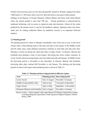 Peasant cotton growing areas are rain fed and generally situated at altitudes ranging from about
1,000 meters to 1,700 meters above sea level. Rain-fed cotton is also grown under peasant
holdings in the Regions of Gonder (Humera), Sidamo (Bilate) and Gamo Gofa (Arba Minch)
where the annual rainfall is more than 700 mm.          Peasant production is characterized by
traditional technology with no access to improved seeds and chemicals. Almost all the cotton
produced by the peasant sector is used by the handloom industry. Spinning cotton into home-
made yarn for making traditional fabrics by handloom weavers is an important historical
tradition.


2.2 Planting period
The planting period for cotton in Ethiopia considerably varies from area to area. In the lower
Awash valley, cotton planting starts in late June and ends in mid August. In the Middle Awash
and rift valley areas, cotton planting commences sometime in early May and ends early June.
Planting is carried out during late April-early May in Upper Awash. In Humera, Metema and
Gambella areas planting is done in June-August. Harvesting also shows similar variations. In
Lower Awash cotton harvesting begins early November and ends mid January. In Middle Awash
the harvesting period is November to late December. In Humera, Metema and Gambella,
harvesting takes place starting Mid November to end January. The planting and harvesting
periods of cotton in the major cotton producing areas is shown in Table 2.2


                Table 2.2 Planting and harvesting periods in different regions
         Area                               Planting period Harvesting period
         Lower Awash                        June to August     November to January
         Middle Awash and Rift valley       April to June       November to December
         Upper Awash                        April to May       September to November
         Hummera Mettema and Gambella June to August           November to January
        Source: Cotton – textile-Apparel value chain Report for Ethiopia, Prepared by Agridev
                Consultant Regional Agricultural Trade expansion Support Program, Nairobi,
                Kenya, 2004




                                                                                                9 
 
 