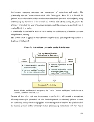 development concerning adaptation and improvement of productivity and quality. The
productivity level of Chinese manufacturers varies from approx. 40 to 65 % as initially the
garment production in China started in the southern and eastern provinces including Hong Kong
and then step by step moved to the western and northern parts of the country. In general the
efficiency or productivity level of a garment company could be considered as excellent when it
reaches 70 - 80 % or higher.
A productivity increase can be achieved by increasing the working speed of machine operators
and production planning.
This system which is applied in many of the leading textile and garment producing countries is
displayed in the figure 5.4


                  Figure 5.4 International systems for productivity increase




    Source: Market and Potential Analysis of the Textile, Garment and Home Textile Sector in
    Ethiopia, Corporate solution 2007
Because of low labor cost, any improvement in productivity will provide a competitive
advantage to Ethiopian garment sector. This should be possible because many garment factories
are technically already very well equipped it would be important to improve the qualification of
the machine operators and the internal production planning (e.g. material and work flow etc.) in



                                                                                            202 
 
 