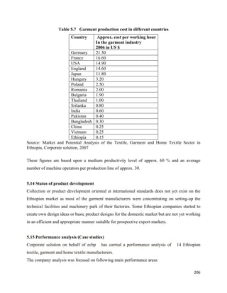 Table 5.7 Garment production cost in different countries
                         Country     Approx. cost per working hour
                                    In the garment industry
                                    2006 in US $
                         Germany    21.30
                         France     16.60
                         USA        14.90
                         England    14.60
                         Japan      11.80
                         Hungary    3.20
                         Poland     2.50
                         Romania    2.00
                         Bulgaria   1.90
                         Thailand   1.00
                         Srilanka   0.80
                         India      0.60
                         Pakistan   0.40
                         Bangladesh 0.30
                         China      0.25
                         Vietnam    0.25
                         Ethiopia   0.15
Source: Market and Potential Analysis of the Textile, Garment and Home Textile Sector in
Ethiopia, Corporate solution, 2007

These figures are based upon a medium productivity level of approx. 60 % and an average
number of machine operators per production line of approx. 30.


5.14 Status of product development
Collection or product development oriented at international standards does not yet exist on the
Ethiopian market as most of the garment manufacturers were concentrating on setting-up the
technical facilities and machinery park of their factories. Some Ethiopian companies started to
create own design ideas or basic product designs for the domestic market but are not yet working
in an efficient and appropriate manner suitable for prospective export markets.


5.15 Performance analysis (Case studies)
Corporate solution on behalf of ecbp      has carried a performance analysis of   14 Ethiopian
textile, garment and home textile manufacturers.
The company analysis was focused on following main performance areas

                                                                                            206 
 
 