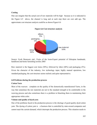 Costing
One can imagine that the actual cost of raw materials will be high because as it is indicated in
the Figure 6.5    above, the channel is long and at each step there are cost add ups. The
approximate cost structure analysis could be as shown Figure 6.6


                               Figure 6.6 Cost structure analysis




Source: Eyob Demessre etal., Fruits of the loom-Export potential of Ethiopian handmade,
handloom and home furnishing textiles 2005

Raw material is the biggest cost items (50%), followed by labor (40%) and packaging (5%).
Given the character of the industry, low technology input, highly manual operations, low
standard packaging, the cost structure seems realistic and quite representative.


6.8 Problems during the production process
Cotton Yarn
Most of the weavers     complain on the quality of the domestically manufactured Yarns, in the
way that sometimes the raw materials are not to the standard strength to be comfortable in the
weaving process and also sometimes there is a problem in bleaching them in maintaining their
appropriate white color.
Volume and quality of dyed yarn
One of the problems faced in the production process is the shortage of good quality dyed cotton
yarn. The dyeing of cotton yarn is a business that is controlled by state-owned companies and
cannot meet the current demand, which interrupts the production process. This situation needs to


                                                                                            227 
 
 