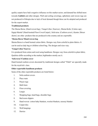quality carpets have had a negative influence on this market sector, and demand has shifted more
towards Gabbeh and other designs. Wall and ceiling coverings, upholstery and woven rugs are
not produced in Ethiopia due to lack of local demand though these can be adopted and produced
for the export market.
Traditional products
The Shema Borsa {Hand woven bag}, Yanget Libse {Scarves}, Shema Kobe {Cotton cap},
Sigaja Mentaf {Hand knotted Floor Cover/Carpet}, Sofa teras {Cushion cover}, Kumta {Boxer
shorts} are other products that are produced in the country and are exportable.
‘Shema Borsa’/Hand woven bag
Shema Borsa is a hand loomed cotton fabric. Designs vary from colorful to plain fabrics. It
can be used as lady bag or children school bag. The designs and sizes vary.
‘Yanget Libse’/Scarves
It is produced from cotton and wool using handloom. Designs vary from colorful to plain fabric.
Qualities differ according to the market; highlanders mostly use it.
‘Sofa teras’/Cushion cover
Hand loomed cushion covers decorated by traditional designs called "Tibeb" are specially made
for the royal/rich class.
Other exportable handloom products
Some of the other exportable products are listed below:
    1.    Sofa cushion covers
    2.    Place mats
    3.    Prayer rugs
    4.    Bath linen
    5.    Floor covering
    6.    Lungis
    7.    Shopping bags, hand bags, shoulder bags
    8.    Bed room slippers
    9.    Hand woven cotton baby blankets, woolen blankets, nursery blanket
    10.   Carpet tiles
    11.   Wall hangings
    12.   Durries

                                                                                              234 
 
 