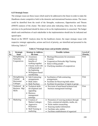 6.13 Strategic Issues
    The strategic issues are those issues which need to be addressed in the future in order to make the
    Handloom cluster competitive both in the domestic and international business arenas. The issues
    could be identified from the result of the Strengths, weaknesses, Opportunities and Threats
    (SWOT) analysis of the cluster. The detail action plan indicating when, how, by whom these
    activities to be performed should be done as far as the implementation is concerned. The budget
    details and contributions of each stakeholder in the implementation should also be indicated and
    agreed upon.
    Based on the SWOT Analysis done for the handloom cluster, the major strategic issues with
    respective strategic approaches, actions and level of priority, are identified and presented in the
    following Table 6.7
                            Table 6.7 Strategic issues and probable solutions
S.   Strategic          Strategy to Address                   Possible Actions                   Level of
No     Issue                  the issue                                                          Priority
1  Strengthening        • Awareness            • Meetings/Discussions for awareness              First
   Networks/              creation on            Creation
   Cooperatives           benefits of          • Cooperatives/Networks Mgt Training
                          working together     • Select willing people
                        • Closely work with    • Clarifying mandates of cooperatives
                          willing people at
                          the beginning
                        • Willingness based
                          membership
2       Strengthening   • Sub-Contracting      • Facilitation of Sub-contracting                 First
        Vertical    &     arrangements           arrangements
        Horizontal      • Bulk orders          • Facilitate for Receiving bulk orders
        Linkages        • Bulk Purchase        • Facilitate for purchase of inputs in group.
3       Technical &     • Technical skills      • Provision of need based technical and          First
        Business Mgt      development and         business management trainings
        Skills            upgrading
                        • Business
                          management
                          trainings
4       Marketing       • Creation of            • Promotion of weaving products through         First
                          Market Linkages          Fairs, commercial attachés, media, etc.
                        • Aggressive             • Niche market researching
                          Promotion              • Sourcing market information
                        • Skill Training in      • Facilitate sales outlets.
                          marketing              • Facilitate establishment of organized

                                                                                                   239 
     
 