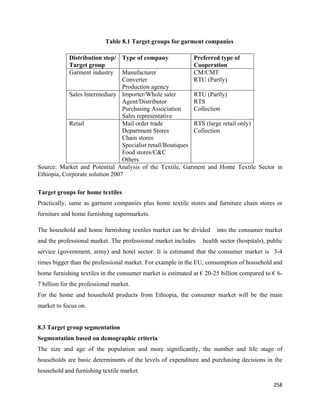 Table 8.1 Target groups for garment companies

            Distribution step/ Type of company               Preferred type of
            Target group                                     Cooperation
            Garment industry Manufacturer                    CM/CMT
                                 Converter                   RTU (Partly)
                                 Production agency
            Sales Intermediary Importer/Whole saler          RTU (Partly)
                                 Agent/Distributor           RTS
                                 Purchasing Association      Collection
                                 Sales representative
            Retail               Mail order trade            RTS (large retail only)
                                 Department Stores           Collection
                                 Chain stores
                                 Specialist retail/Boutiques
                                 Food stores/C&C
                                 Others
Source: Market and Potential Analysis of the Textile, Garment and Home Textile Sector in
Ethiopia, Corporate solution 2007

Target groups for home textiles
Practically, same as garment companies plus home textile stores and furniture chain stores or
furniture and home furnishing supermarkets.

The household and home furnishing textiles market can be divided      into the consumer market
and the professional market. The professional market includes   health sector (hospitals), public
service (government, army) and hotel sector. It is estimated that the consumer market is 3-4
times bigger than the professional market. For example in the EU, consumption of household and
home furnishing textiles in the consumer market is estimated at € 20-25 billion compared to € 6-
7 billion for the professional market.
For the home and household products from Ethiopia, the consumer market will be the main
market to focus on.


8.3 Target group segmentation
Segmentation based on demographic criteria
The size and age of the population and more significantly, the number and life stage of
households are basic determinants of the levels of expenditure and purchasing decisions in the
household and furnishing textile market.

                                                                                             258 
 
 