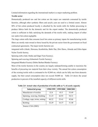 Limited information regarding the international market is a major marketing problem.
Textile sector
Domestically produced raw and lint cotton are the major raw materials consumed by textile
factories, although other synthetic fibers and acrylic yarn are used to a limited extent. Almost
80% of lint cotton produced locally is absorbed by the textile mills for further processing to
produce fabrics both for the domestic and for the export market. The domestically produced
cotton is sufficient in fully satisfying the demands of the textile mills, making import of either
raw and/or lint cotton negligible.
The large cotton mills that consume local lint cotton as primary inputs for manufacturing textile
fibers are mostly state-owned or those leased by the private sector from the government on fixed
contractual agreements. The major textile factories are:
integrated mills (Akaki, Hawassa, Kombolcha, Bahir Dar, Dire Dawa, Almeda and Ethio-Japan
Nylon Textile factory;
Spinning mills (Adie Ababa and Edget Yarn Factory);
Spinning and weaving (Arbaminch Textile Factory);
Integrated Blanket Factory (Debre Berhan Blanket Factory).
Most of the textile factories in the country are largely underperforming unable to maximize the
benefits of procuring raw material from their close vicinity. The annual lint cotton consumption
of the existing textile mills is estimated to be 42,860 mt, which can be fully met from domestic
supply, but their actual consumption does not exceed 30,000 mt           Table 2.8 shows the actual
production in percent of the installed capacity of different textile mills.


        Table 2.8 Actual value of production of textile mills as % of yearly capacity
                      Industrial group           1998/1999 1999/2000 2000/2001
                 Manufacture of textiles            32.8         43.5         53.49
                 Spinning, weaving, finishing      31.23         42.93        54.31
                 Cordage, rope, twine, netting     60.22         53-41        45.66
                 Knitting                          32.29         16.37        31.48
                 Source: CSA (2003)




                                                                                                21 
 
 