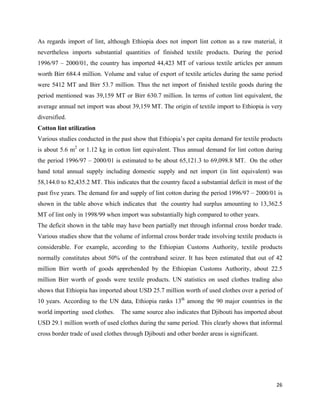 As regards import of lint, although Ethiopia does not import lint cotton as a raw material, it
nevertheless imports substantial quantities of finished textile products. During the period
1996/97 – 2000/01, the country has imported 44,423 MT of various textile articles per annum
worth Birr 684.4 million. Volume and value of export of textile articles during the same period
were 5412 MT and Birr 53.7 million. Thus the net import of finished textile goods during the
period mentioned was 39,159 MT or Birr 630.7 million. In terms of cotton lint equivalent, the
average annual net import was about 39,159 MT. The origin of textile import to Ethiopia is very
diversified.
Cotton lint utilization
Various studies conducted in the past show that Ethiopia’s per capita demand for textile products
is about 5.6 m2 or 1.12 kg in cotton lint equivalent. Thus annual demand for lint cotton during
the period 1996/97 – 2000/01 is estimated to be about 65,121.3 to 69,098.8 MT. On the other
hand total annual supply including domestic supply and net import (in lint equivalent) was
58,144.0 to 82,435.2 MT. This indicates that the country faced a substantial deficit in most of the
past five years. The demand for and supply of lint cotton during the period 1996/97 – 2000/01 is
shown in the table above which indicates that the country had surplus amounting to 13,362.5
MT of lint only in 1998/99 when import was substantially high compared to other years.
The deficit shown in the table may have been partially met through informal cross border trade.
Various studies show that the volume of informal cross border trade involving textile products is
considerable. For example, according to the Ethiopian Customs Authority, textile products
normally constitutes about 50% of the contraband seizer. It has been estimated that out of 42
million Birr worth of goods apprehended by the Ethiopian Customs Authority, about 22.5
million Birr worth of goods were textile products. UN statistics on used clothes trading also
shows that Ethiopia has imported about USD 25.7 million worth of used clothes over a period of
10 years. According to the UN data, Ethiopia ranks 13th among the 90 major countries in the
world importing used clothes.    The same source also indicates that Djibouti has imported about
USD 29.1 million worth of used clothes during the same period. This clearly shows that informal
cross border trade of used clothes through Djibouti and other border areas is significant.




                                                                                                26 
 
 
