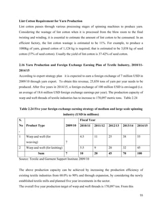 Lint Cotton Requirement for Yarn Production
Lint cotton passes through various processing stages of spinning machines to produce yarn.
Considering the wastage of lint cotton when it is processed from the blow room to the final
twisting and winding, it is essential to estimate the amount of lint cotton to be consumed. In an
efficient factory, the lint cotton wastage is estimated to be 11%. For example, to produce a
1000kg of yarn, ginned cotton of 1,124 kg is required; that is estimated to be 3,038 kg of seed
cotton (37% of seed cotton). Usually the yield of lint cotton is 37-42% of seed cotton.


2.16 Yarn Production and Foreign Exchange Earning Plan of Textile Industry, 2010/11-
2014/15
According to export strategy plan it is expected to earn a foreign exchange of 7 million USD in
2009/10 through yarn export. To obtain this revenue, 25,858 tons of yarn per year needs to be
produced. After five years in 2014/15, a foreign exchange of 100 million USD is envisaged (i.e.
an average of 18.6 million USD foreign exchange earnings per year). The production capacity of
warp and weft threads of textile industries has to increase to 170,097 metric tons. Table 2.24


Table 2.24 Five year foreign exchange earning strategy of medium and large scale spinning
                                    industry (USD in millions)
S.                                               Fiscal Year
No   Product Type                    2009/10     2010/11    2011/12     2012/13   2013/14    2014/15
.
1    Warp and weft (for                          4.5        11          25        38         55
     weaving)                        7
2    Warp and weft (for knitting)                5.5        9           20        32         45
                Sum                  7           10         20          45        70         100
Source: Textile and Garment Support Institute 2009/10


The above production capacity can be achieved by increasing the production efficiency of
existing textile industries from 68.0% to 90% and through expansion, by considering the newly
established textile mills and planned five year investments in the sector.
The overall five year production target of warp and weft threads is 170,097 ton. From this

                                                                                                 55 
 
 