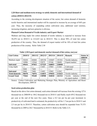 2.20 Short and medium-term strategy to satisfy domestic and international demand of
   cotton (2010/11-2014/15)
   According to the existing development situation of the sector, lint cotton demand of domestic
   textile factories and international market will be expected to increase by an average of 66% per
   year. Thus, the necessity of expanding cotton cultivation area, additional seed varieties,
   increasing irrigation, and new ginneries is obvious.
   Planned Cotton Demand of Textile industry and Export Market
   Medium and long staple lint cotton demand of textile industry is expected to increase from
   58,478 ton in 2010/11 to 212,623 ton in 2014/15. This is about 90% of total lint cotton
   production of the country. Thus, the demand of export market will be 10% of total lint cotton
   production of the country. Refer Table 2.30


              Table 2.30 Export and domestic market demand of lint cotton, ton/year
Lint Cotton       2010/11     2011/12    2012/13     2013/14    2014/15    Remark               Status in
                                                                                                2008/09
Medium staple     52630       68468      105150      143687     191361     Textile industry     47000-
                  16986       19364      22075       25166      28689      Export market        50000
Sub-total         69616       87832      127225      168853     220050
Long staple       ---         ---        11683       15965      21262      Cultivated
                  5848        7608       ---         ---        ---        Imported
Sub-total         5848        7608       11683       15965      21262
Total domestic    58478       76076      116833      159652         Textile industry
                                                                212623
Grand Total       75464       95440      138908      184818         Textile industry 47000-
                                                                241312
                                                                    & export market    50000
   Source: Cotton Cultivation and Marketing Strategic Plan, Ministry of Agriculture and Rural
           Development, 2009/10

   Seed cotton production plan
   Based on the above lint cotton demand, seed cotton demand will increase from the existing 127.6
   thousand ton in 2008/09 to 188.2 thousand ton in 2010/11 and finally reach 659.2 thousand ton
   per year at the end of the next five years. Since a 0.2 ton per ha per year increment in
   productivity of cultivated land is estimated, the productivity will be 1.7 ton per ha in 2010/11 and
   2.5 ton per ha in 2014/15. Therefore, cotton cultivation area should be expanded from 75.375
   thousand ha in 2009 to 262.7 thousand ha in 2014/15. Refer to the Table 2.31.



                                                                                                    60 
    
 