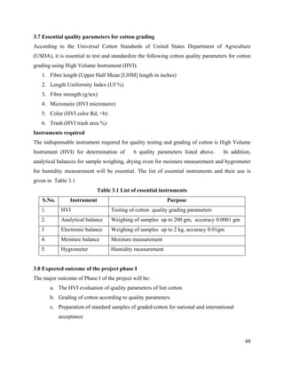 3.7 Essential quality parameters for cotton grading
According to the Universal Cotton Standards of United States Department of Agriculture
(USDA), it is essential to test and standardize the following cotton quality parameters for cotton
grading using High Volume Instrument (HVI).
    1. Fibre length (Upper Half Mean [UHM] length in inches)
    2. Length Uniformity Index (UI %)
    3. Fibre strength (g/tex)
    4. Micronaire (HVI micronaire)
    5. Color (HVI color Rd, +b)
    6. Trash (HVI trash area %)
Instruments required
The indispensable instrument required for quality testing and grading of cotton is High Volume
Instrument (HVI) for determination of         6 quality parameters listed above.      In addition,
analytical balances for sample weighing, drying oven for moisture measurement and hygrometer
for humidity measurement will be essential. The list of essential instruments and their use is
given in Table 3.1
                             Table 3.1 List of essential instruments
    S.No.        Instrument                                  Purpose
    1.       HVI                    Testing of cotton quality grading parameters
    2.       Analytical balance     Weighing of samples up to 200 gm, accuracy 0.0001 gm
    3        Electronic balance     Weighing of samples up to 2 kg, accuracy 0.01gm
    4.       Moisture balance       Moisture measurement
    5.       Hygrometer             Humidity measurement


3.8 Expected outcome of the project phase I
The major outcome of Phase I of the project will be:
         a. The HVI evaluation of quality parameters of lint cotton.
         b. Grading of cotton according to quality parameters
         c. Preparation of standard samples of graded cotton for national and international
            acceptance



                                                                                               69 
 
 