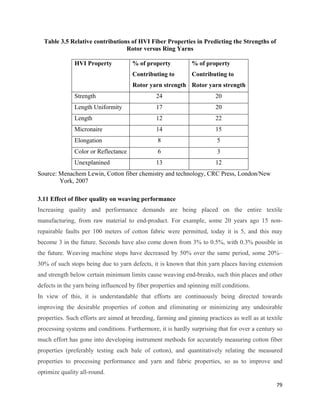 Table 3.5 Relative contributions of HVI Fiber Properties in Predicting the Strengths of
                                   Rotor versus Ring Yarns

               HVI Property           % of property           % of property
                                      Contributing to         Contributing to
                                      Rotor yarn strength Rotor yarn strength
               Strength                        24                       20
               Length Uniformity               17                       20
               Length                          12                       22
               Micronaire                      14                       15
               Elongation                       8                       5
               Color or Reflectance             6                       3
               Unexplanined                    13                       12
Source: Menachem Lewin, Cotton fiber chemistry and technology, CRC Press, London/New
        York, 2007

3.11 Effect of fiber quality on weaving performance
Increasing quality and performance demands are being placed on the entire textile
manufacturing, from raw material to end-product. For example, some 20 years ago 15 non-
repairable faults per 100 meters of cotton fabric were permitted, today it is 5, and this may
become 3 in the future. Seconds have also come down from 3% to 0.5%, with 0.3% possible in
the future. Weaving machine stops have decreased by 50% over the same period, some 20%–
30% of such stops being due to yarn defects, it is known that thin yarn places having extension
and strength below certain minimum limits cause weaving end-breaks, such thin places and other
defects in the yarn being influenced by fiber properties and spinning mill conditions.
In view of this, it is understandable that efforts are continuously being directed towards
improving the desirable properties of cotton and eliminating or minimizing any undesirable
properties. Such efforts are aimed at breeding, farming and ginning practices as well as at textile
processing systems and conditions. Furthermore, it is hardly surprising that for over a century so
much effort has gone into developing instrument methods for accurately measuring cotton fiber
properties (preferably testing each bale of cotton), and quantitatively relating the measured
properties to processing performance and yarn and fabric properties, so as to improve and
optimize quality all-round.

                                                                                                79 
 
 