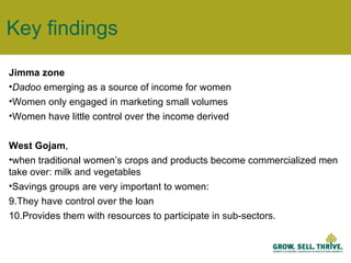 Key findings Jimma zone Dadoo  emerging as a source of income for women Women only engaged in marketing small volumes  Women have little control over the income derived  West Gojam ,  when traditional women’s crops and products become commercialized men take over: milk and vegetables Savings groups are very important to women: They have control over the loan  Provides them with resources to participate in sub-sectors.  