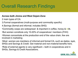 Overall Research Findings Across both Jimma and West Gojam Zone 2 main types of CA: Formal cooperatives (multi-purpose and commodity specific) Savings (formal and informal, includes SHG) Commodity coops are widespread  & important in coffee, honey &  m ilk. But women constitute only 10-20% of cooperatives’ members (FHH) Women concentrate at the production end of the value chain, few are involved in marketing Most  women are members of informal and formal CA, such as dadoo, iqub, SHGs and Savings & Credit. Get material and non-material benefits here. Role of external agents is very significant – both in cooperatives and in SHGs, Savings & Credit Associations. 