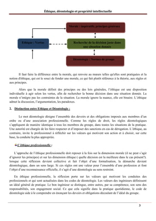 Éthique, déontologie et propriété intellectuelle
Morale : impératifs, principes généraux
Ethique : Vertus Recherche de la décision juste dans
une situation donnée
Déontologie : Normes de groupe
Il faut faire la différence entre la morale, qui renvoie au mœurs telles qu'elles sont pratiquées et la
notion d'éthique, qui est le souci de fonder une morale, ce qui fait plutôt référence à la théorie, aux règles et
aux principes.
Alors que la morale définit des principes ou des lois générales, l’éthique est une disposition
individuelle à agir selon les vertus, afin de rechercher la bonne décision dans une situation donnée. La
morale n’intègre pas les contraintes de la situation. La morale ignore la nuance, elle est binaire. L’éthique
admet la discussion, l’argumentation, les paradoxes.
2. Distinction entre Ethique et Déontologie :
Le mot déontologie désigne l’ensemble des devoirs et des obligations imposés aux membres d’un
ordre ou d’une association professionnelle. Comme les règles de droit, les règles déontologiques
s’appliquent de manière identique à tous les membres du groupe, dans toutes les situations de la pratique.
Une autorité est chargée de les faire respecter et d’imposer des sanctions en cas de dérogation. L’éthique, au
contraire, invite le professionnel à réfléchir sur les valeurs qui motivent son action et à choisir, sur cette
base, la conduite la plus appropriée.
L’éthique professionnelle :
L’approche de l’éthique professionnelle doit reposer à la fois sur la dimension morale (il ne peut s’agir
d’ignorer les principes) et sur les dimension éthique ( quelle décision est la meilleure dans le cas présent?).
lorsque cette réflexion devient collective et fait l’objet d’une formalisation, la démarche devient
déontologique, dans un sens large. Si ces règles ont une valeur pour l’ensemble d’une profession et font
l’objet d’une reconnaissance officielle, il s’agit d’une déontologie au sens restreint.
En éthique professionnelle, la réflexion porte sur les valeurs qui motivent les conduites des
professionnels et qui sont actualisées dans les codes de déontologie. Les valeurs des ingénieurs définissent
un idéal général de pratique. Le bon ingénieur se distingue, entre autres, par sa compétence, son sens des
responsabilités, son engagement social. Ce que cela signifie dans la pratique quotidienne, le code de
déontologie aide à le comprendre en énonçant les devoirs et obligations découlant de l’idéal du groupe.
3
 