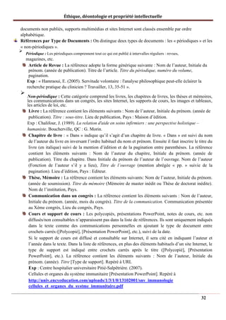 Éthique, déontologie et propriété intellectuelle
documents non publiés, supports multimédias et sites Internet sont classés ensemble par ordre
alphabétique.
Références par Type de Documents : On distingue deux types de documents : les « périodiques » et les
« non-périodiques ».
➢
Périodique : Les périodiques comprennent tout ce qui est publié à intervalles réguliers : revues,
magazines, etc.
Article de Revue : La référence adopte la forme générique suivante : Nom de l’auteur, Initiale du
prénom. (année de publication). Titre de l’article. Titre du périodique, numéro du volume,
pagination.
Exp : « Hamraoui, E. (2005). Servitude volontaire : l'analyse philosophique peut-elle éclairer la
recherche pratique du clinicien ? Travailler, 13, 35-51 ».
➢
Non-périodique : Cette catégorie comprend les livres, les chapitres de livres, les thèses et mémoires,
les communications dans un congrès, les sites Internet, les supports de cours, les images et tableaux,
les articles de loi, etc.
Livre : La référence contient les éléments suivants : Nom de l’auteur, Initiale du prénom. (année de
publication). Titre : sous-titre. Lieu de publication, Pays : Maison d’édition.
Exp : Chalifour, J. (1989). La relation d'aide en soins infirmiers : une perspective holistique –
humaniste. Boucherville, QC : G. Morin.
Chapitre de livre : « Dans » indique qu’il s’agit d’un chapitre de livre. « Dans » est suivi du nom
de l’auteur du livre en inversant l’ordre habituel du nom et prénom. Ensuite il faut inscrire le titre du
livre (en italique) suivi de la mention d’édition et de la pagination entre parenthèses. La référence
contient les éléments suivants : Nom de l’auteur du chapitre, Initiale du prénom. (année de
publication). Titre du chapitre. Dans Initiale du prénom de l’auteur de l’ouvrage. Nom de l’auteur
(Fonction de l’auteur s’il y a lieu), Titre de l’ouvrage (mention abrégée « pp. » suivie de la
pagination). Lieu d’édition, Pays : Editeur.
Thèse, Mémoire : La référence contient les éléments suivants: Nom de l’auteur, Initiale du prénom.
(année de soumission). Titre du mémoire (Mémoire de master inédit ou Thèse de doctorat inédite).
Nom de l’institution, Pays.
Communication dans un congrès : La référence contient les éléments suivants : Nom de l’auteur,
Initiale du prénom. (année, mois du congrès). Titre de la communication. Communication présentée
au Xème congrès, Lieu du congrès, Pays.
Cours et support de cours : Les polycopiés, présentations PowerPoint, notes de cours, etc. non
diffusés/non consultables n’apparaissent pas dans la liste de références. Ils sont uniquement indiqués
dans le texte comme des communications personnelles en ajoutant le type de document entre
crochets carrés ([Polycopié], [Présentation PowerPoint], etc.), suivi de la date.
Si le support de cours est diffusé et consultable sur Internet, il sera cité en indiquant l’auteur et
l’année dans le texte. Dans la liste de références, en plus des éléments habituels d’un site Internet, le
type de support est indiqué entre crochets carrés après le titre ([Polycopié], [Présentation
PowerPoint], etc.). La référence contient les éléments suivants : Nom de l’auteur, Initiale du
prénom. (année). Titre [Type de support]. Repéré à URL
Exp : Centre hospitalier universitaire Pitié-Salpêtrière. (2007).
Cellules et organes du système immunitaire [Présentation PowerPoint]. Repéré à
http://univ.encyeducation.com/uploads/1/3/1/0/13102001/snv_immunologie
cellules_et_organes_du_systme_immunitaire.pdf
32
 