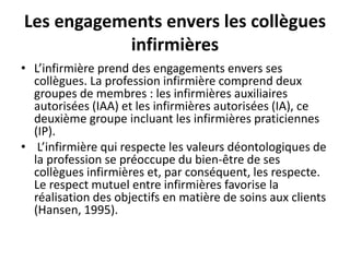 Les engagements envers les collègues
infirmières
• L’infirmière prend des engagements envers ses
collègues. La profession infirmière comprend deux
groupes de membres : les infirmières auxiliaires
autorisées (IAA) et les infirmières autorisées (IA), ce
deuxième groupe incluant les infirmières praticiennes
(IP).
• L’infirmière qui respecte les valeurs déontologiques de
la profession se préoccupe du bien-être de ses
collègues infirmières et, par conséquent, les respecte.
Le respect mutuel entre infirmières favorise la
réalisation des objectifs en matière de soins aux clients
(Hansen, 1995).
 