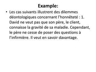 Example:
• Les cas suivants illustrent des dilemmes
déontologiques concernant l’honnêteté : 1.
David ne veut pas que son père, le client,
connaisse la gravité de sa maladie. Cependant,
le père ne cesse de poser des questions à
l’infirmière. Il veut en savoir davantage.
 