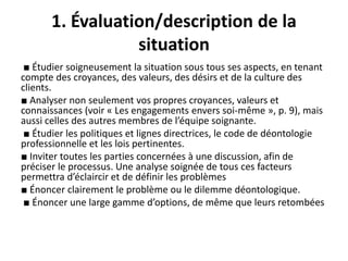 1. Évaluation/description de la
situation
■ Étudier soigneusement la situation sous tous ses aspects, en tenant
compte des croyances, des valeurs, des désirs et de la culture des
clients.
■ Analyser non seulement vos propres croyances, valeurs et
connaissances (voir « Les engagements envers soi-même », p. 9), mais
aussi celles des autres membres de l’équipe soignante.
■ Étudier les politiques et lignes directrices, le code de déontologie
professionnelle et les lois pertinentes.
■ Inviter toutes les parties concernées à une discussion, afin de
préciser le processus. Une analyse soignée de tous ces facteurs
permettra d’éclaircir et de définir les problèmes
■ Énoncer clairement le problème ou le dilemme déontologique.
■ Énoncer une large gamme d’options, de même que leurs retombées
 