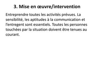 3. Mise en œuvre/intervention
Entreprendre toutes les activités prévues. La
sensibilité, les aptitudes à la communication et
l’entregent sont essentiels. Toutes les personnes
touchées par la situation doivent être tenues au
courant.
 