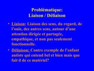 Problématique:
           Liaison / Déliaison
• Liaison: Liaison des sens, du regard, de
  l’ouie, des autres sens, autour d’une
  attention dirigée et partagée,
  empathique, et non pas seulement
  fonctionnelle.
• Déliaison: Contre exemple de l’enfant
  autiste qui entend bel et bien mais que
  fait il de ce matériel?
 