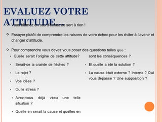 EVALUEZ VOTRE
ATTITUDE… Vous blâmez en cas d’échec ne sert à rien !
 Essayer plutôt de comprendre les raisons de votre échec pour les éviter à l’avenir et
changer d’attitude.
 Pour comprendre vous devez vous poser des questions telles que :
 