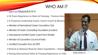 www.careero.in
WHO AM I?
4/20/2021
2
• Right Coach Khaleelullah M H
36 Years Experience in Sales & Training – Various Industries
A Corporate Leadership Coach, Career Coach & Memory Coach
Member of International Career Counsellors Club
Member of Career Counselling Foundation (London)
International Certified Career Coach from Mindler
Member of Counsellors Council of India
Certified Counsellor from 3G IRPS
Retired as National Head for Sales Capabilities – PepsiCo India
Having International Sales & Training Experience in UAE,
 