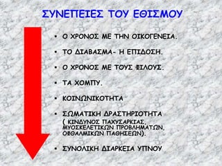 ΣΥΝΕΠΕΙΕΣ ΤΟΥ ΕΘΙΣΜΟΥ
 Ο ΧΡΟΝΟΣ ΜΕ ΤΗΝ ΟΙΚΟΓΕΝΕΙΑ.
 ΤΟ ΔΙΑΒΑΣΜΑ- H ΕΠΙΔΟΣΗ.
 Ο ΧΡΟΝΟΣ ΜΕ ΤΟΥΣ ΦΙΛΟΥΣ.
 ΤΑ ΧΟΜΠΥ.
 ΚΟΙΝΩΝΙΚΟΤΗΤΑ
 ΣΩΜΑΤΙΚΗ ΔΡΑΣΤΗΡΙΟΤΗΤΑ
( ΚΙΝΔΥΝΟΣ ΠΑΧΥΣΑΡΚΙΑΣ,
ΜΥΟΣΚΕΛΕΤΙΚΩΝ ΠΡΟΒΛΗΜΑΤΩΝ,
ΟΦΘΑΛΜΙΚΩΝ ΠΑΘΗΣΕΩΝ).
 ΣΥΝΟΛΙΚΗ ΔΙΑΡΚΕΙΑ ΥΠΝΟΥ
 