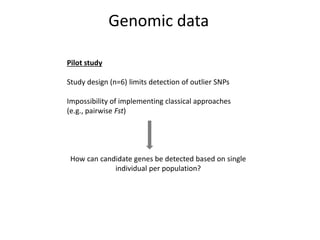 Genomic data
Pilot study
Study design (n=6) limits detection of outlier SNPs
Impossibility of implementing classical appro...
