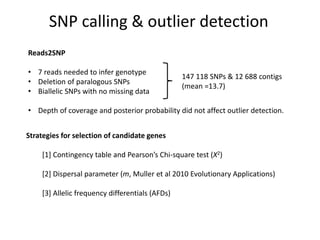 SNP calling & outlier detection
Reads2SNP
• 7 reads needed to infer genotype
• Deletion of paralogous SNPs
• Biallelic SNP...
