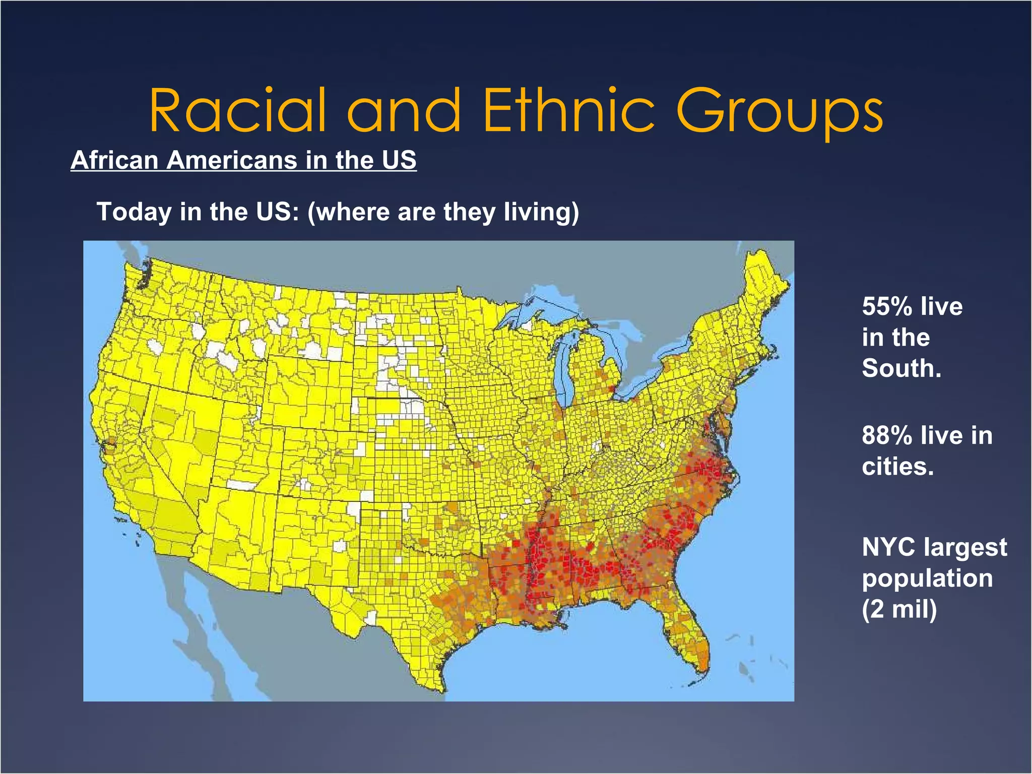 Racial and Ethnic Groups African Americans in the US Today in the US: (where are they living) 55% live in the South. 88% live in cities. NYC largest population (2 mil) 