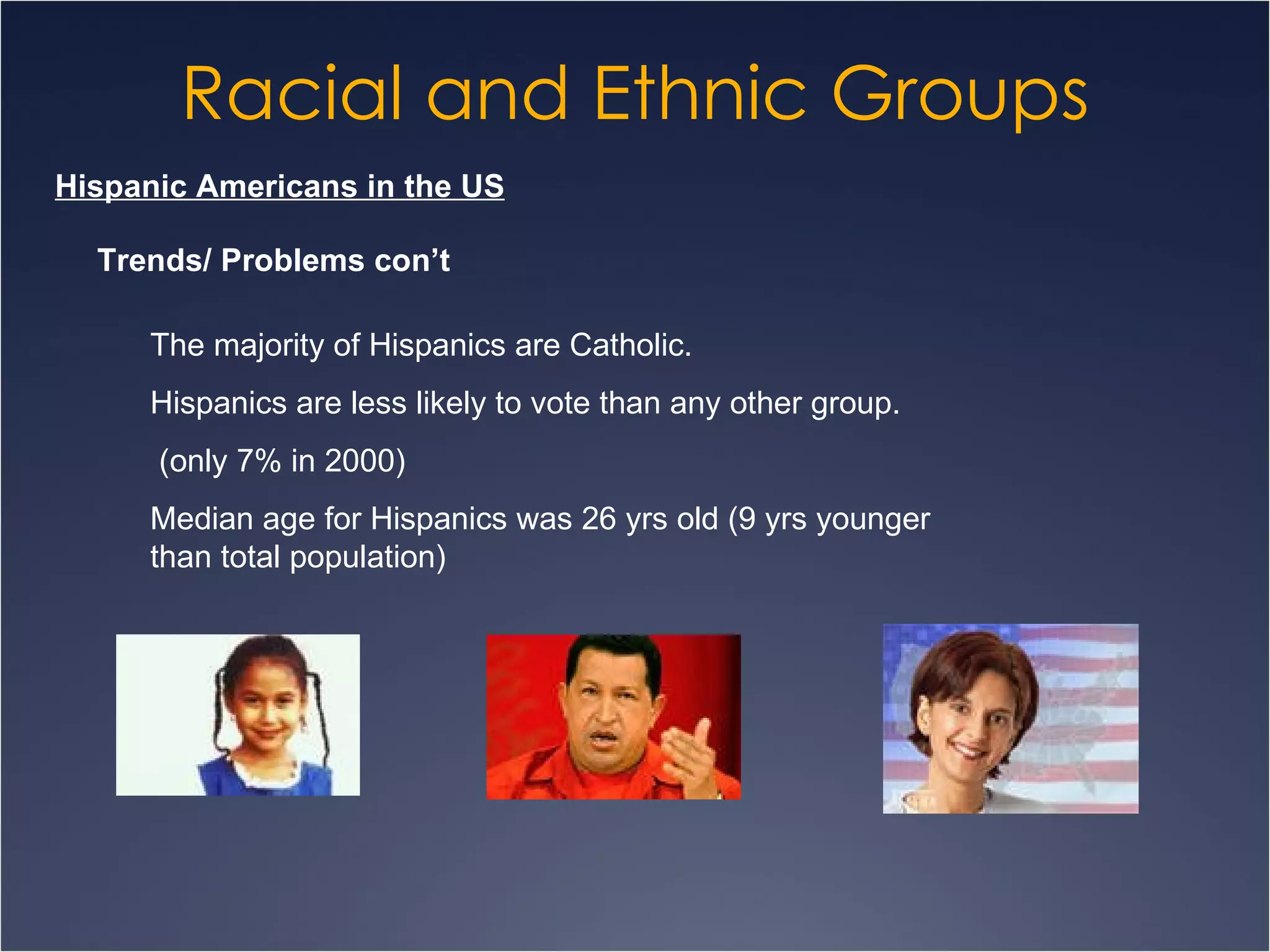Racial and Ethnic Groups Hispanic Americans in the US Trends/ Problems con’t The majority of Hispanics are Catholic. Hispanics are less likely to vote than any other group. (only 7% in 2000) Median age for Hispanics was 26 yrs old (9 yrs younger than total population) 