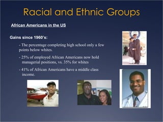 Racial and Ethnic Groups African Americans in the US Gains since 1960’s: - The percentage completing high school only a few points below whites. - 25% of employed African Americans now hold  managerial positions, vs. 35% for whites - 41% of African Americans have a middle class  income. 