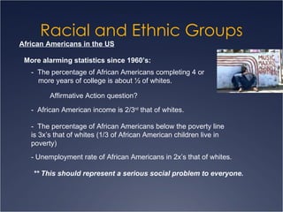 Racial and Ethnic Groups African Americans in the US More alarming statistics since 1960’s: -  The percentage of African Americans completing 4 or  more years of college is about ½ of whites. Affirmative Action question? -  African American income is 2/3 rd  that of whites. -  The percentage of African Americans below the poverty line  is 3x’s that of whites (1/3 of African American children live in  poverty) - Unemployment rate of African Americans in 2x’s that of whites. ** This should represent a serious social problem to everyone.  