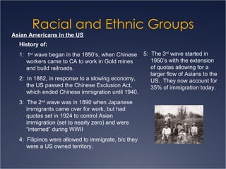 Racial and Ethnic Groups Asian Americans in the US History of: 1:  1 st  wave began in the 1850’s, when Chinese workers came to CA to work in Gold mines and build railroads. 2:  In 1882, in response to a slowing economy, the US passed the Chinese Exclusion Act, which ended Chinese immigration until 1940. 3:  The 2 nd  wave was in 1890 when Japanese immigrants came over for work, but had quotas set in 1924 to control Asian immigration (set to nearly zero) and were “interned” during WWII  4:  Filipinos were allowed to immigrate, b/c they were a US owned territory. 5:  The 3 rd  wave started in 1950’s with the extension of quotas allowing for a larger flow of Asians to the US.  They now account for 35% of immigration today. 