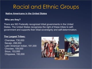Racial and Ethnic Groups Native Americans in the United States Who are they? There are 563 Federally recognized tribal governments in the United States. The United States recognizes the right of these tribes to self-government and supports their tribal sovereignty and self-determination. Cherokee, 730,000  Navajo, 298,000  Latin American Indian, 181,000 Choctaw, 159,000  Sioux, 153,000  Chippewa, 150,000 The Largest Tribes: 