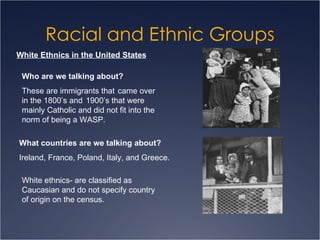 Racial and Ethnic Groups White Ethnics in the United States Who are we talking about? These are immigrants that  came over in the 1800’s and  1900’s that were mainly Catholic and did not fit into the norm of being a WASP. What countries are we talking about? Ireland, France, Poland, Italy, and Greece. White ethnics- are classified as Caucasian and do not specify country of origin on the census. 